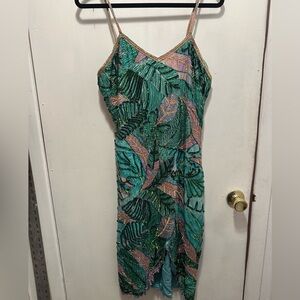 Vintage Silk Beaded Dress XL Green Sequin Leaf Cocktail Evening Art Deco Style